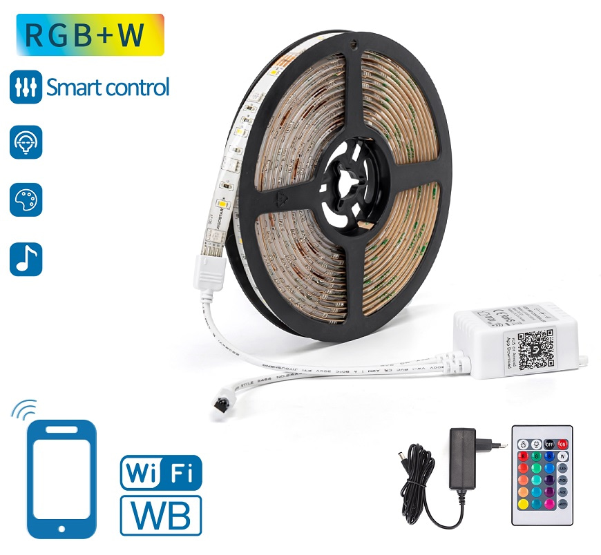 Pack Fita LEDs Inteligente Smart RGB+W Wi-Fi 12V (5 mts) + Controlador + Fonte Alimentação