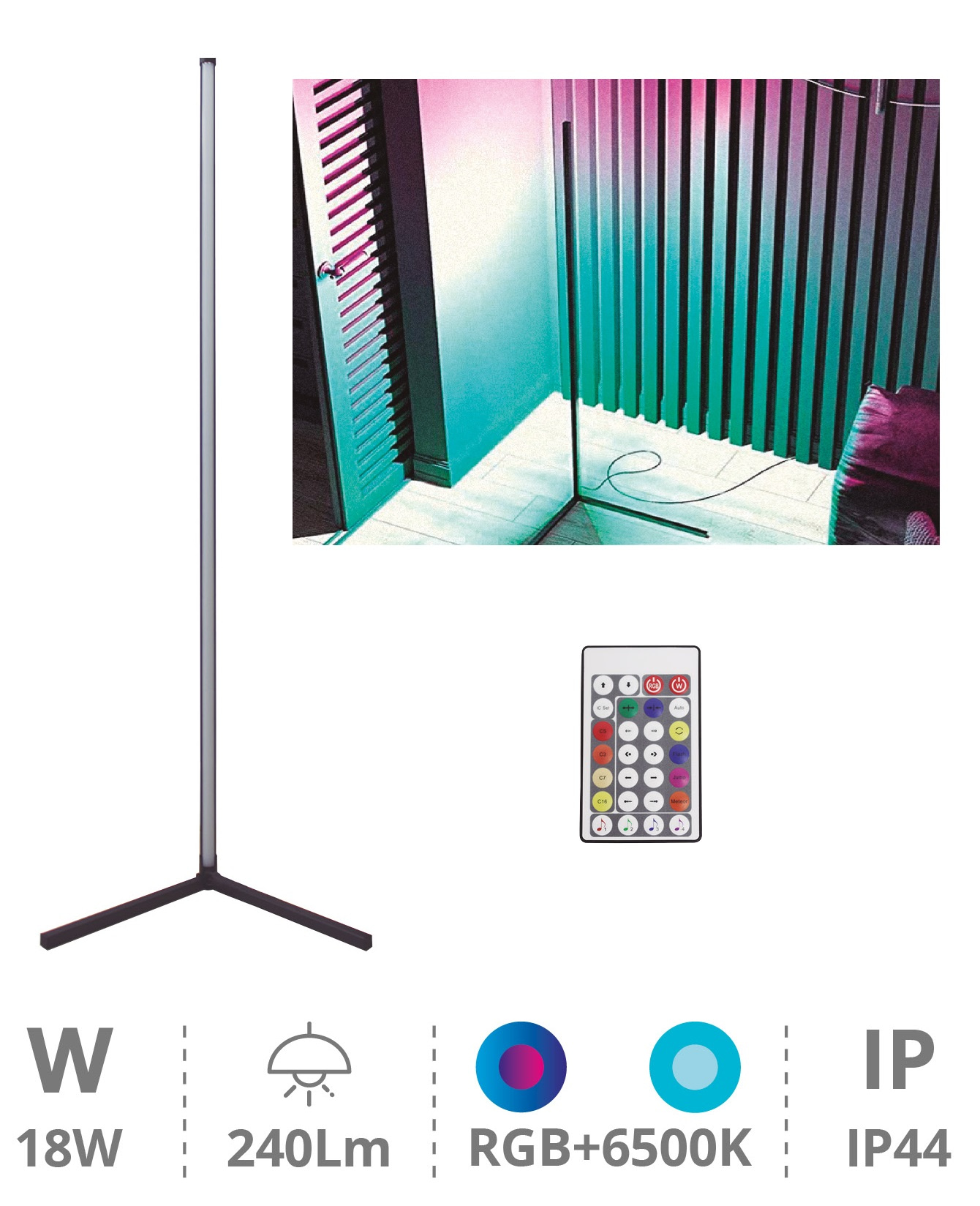 Candeeiro de Pé LED 18W RGB + 6500K c/ Comando e Sensor de Som - GSC